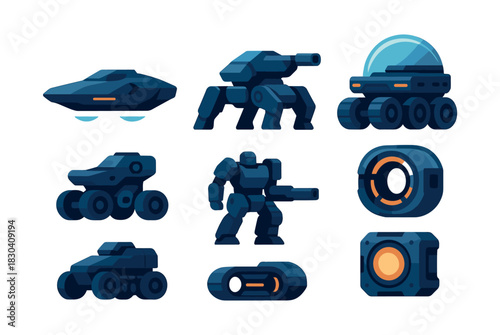 Futuristic vehicles and robots, flat vector illustration, sci-fi, machines