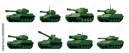 Military tanks collection, flat vector illustration of armored vehicles, army, warfare