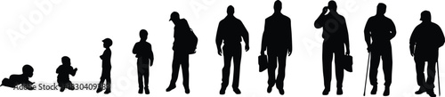Silhouettes showing the stages of human life from infancy to old age, depicting growth, aging, and development in a clear evolutionary progression