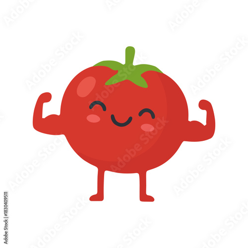 Flat vector illustration of a strong tomato character flexing muscles with a happy face.