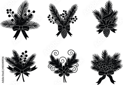 Christmas pine arrangement, festive ribbon decor, holiday silhouette, berry accent, winter ornament, nature elements, flat vector