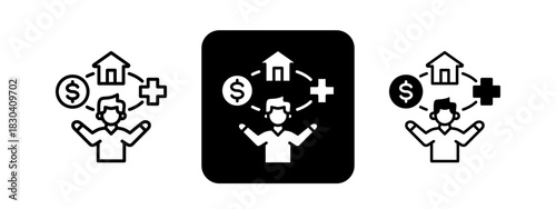 Employee Benefits  Solid color and black line drawing vector illustration set