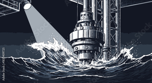 A powerful industrial drilling platform battles turbulent ocean waves under a stark spotlight, illustrating deep-sea exploration and resource extraction challenges.