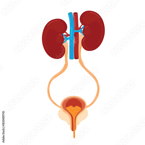 Human Urinary System Vector Illustration. Kidneys, Ureters, Bladder, and Urethra anatomy cartoon showing urination.