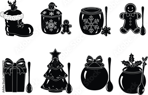 Christmas treats, gingerbread man, festive jars, gift box, holiday tree, reindeer stocking, spoon decor, flat vector