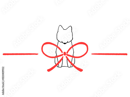 赤い蝶結びと犬　シンプルでかわいい線画　イラスト
