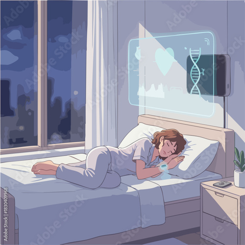 Woman Sleeping While Health Data is Monitored by Futuristic System