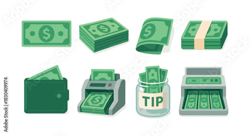 Cash and currency elements, flat vector illustration of money, finance, banking icons
