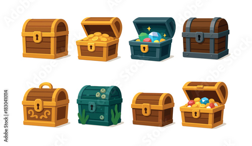 Treasure chest collection, gems, coins, flat vector illustration