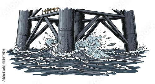 A dark, imposing industrial structure stands amidst turbulent ocean waves and fracturing ice, powerfully illustrating environmental challenges or structural stress.