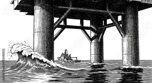 A powerful wave crashes against the sturdy pillars of a large offshore industrial platform, as a small vessel navigates the turbulent marine environment.