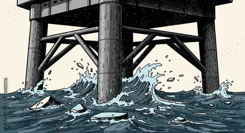 An imposing offshore oil rig structure stands resiliently amidst turbulent ocean waves, symbolizing energy extraction and environmental challenges.