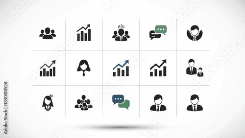 Flat lay of various business and communication icons on a clean white background with a subtle shadow effect.