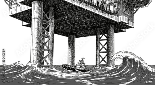 A dramatic black and white illustration portrays a massive offshore oil rig towering above a small boat battling treacherous waves in a stormy sea.
