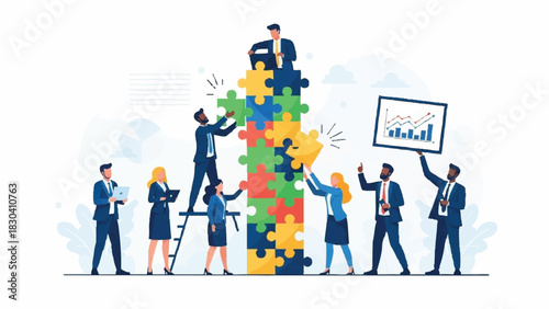 Illustration of a diverse team collaborating to build a giant puzzle tower while one member holds a graph chart in a professional setting with a clean white background.