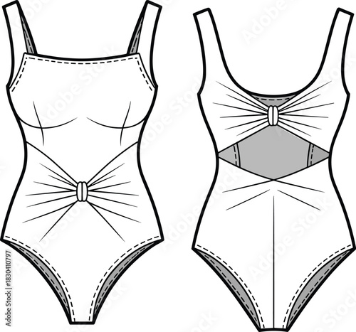 Elegant one piece swimsuit flat sketch with front knot detail, cutout back design, fashion technical drawing, vector apparel illustration