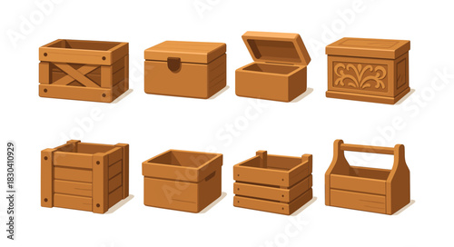 Wooden box collection, crates, containers, flat vector illustration