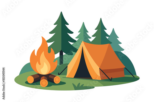 Camping scene, tent, campfire, pine trees, flat vector illustration