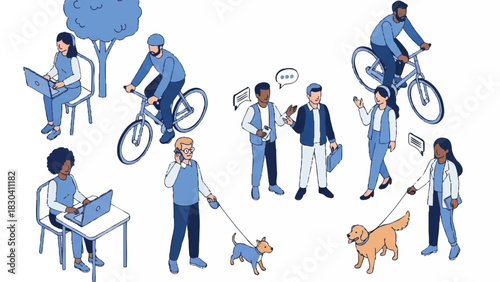 Illustration of diverse people engaging in various daily activities with dogs on a white background in blue tones.