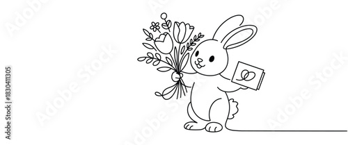 Cute Bunny Holding Flowers and a Wedding Ring Card in Line Art rabbit bouquet