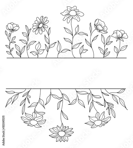 Decorative Floral Border Vector Design Images, Title Name Border flower Hand Draw Decoration, Name Border, leave Hand Draw. branch frame with black flowers. Hand drawn mono line floral background.