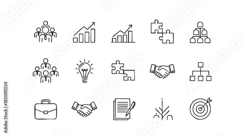 A flat lay of various business and partnership icons on a clean white background with a professional and organized mood.