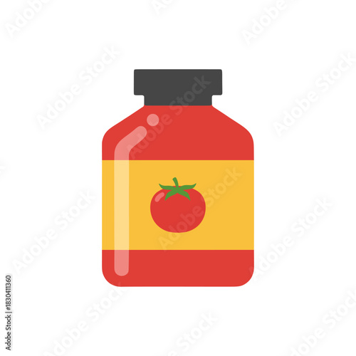 Flat vector illustration of a glass jar filled with red tomato sauce.