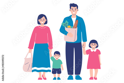 Happy family of four returning from grocery shopping holding hands