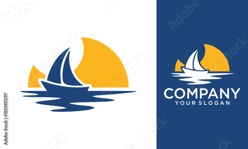 Modern super yacht vector logo design. Luxury yacht club logo line icon