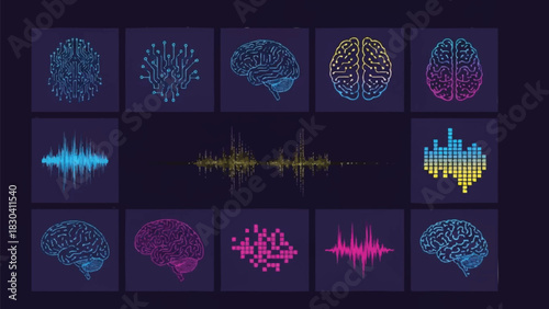 Collection of colorful brain scans and sound wave graphics arranged in a grid on a dark background with a scientific and technological theme.