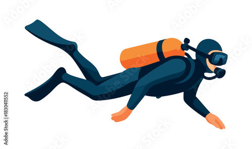 Underwater diver, flat vector illustration, scuba, diving gear, ocean exploration