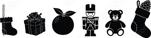 Christmas icon silhouette set, stocking, gift box, orange fruit, toy soldier, teddy bear, festive holiday vector illustration, seasonal decoration design