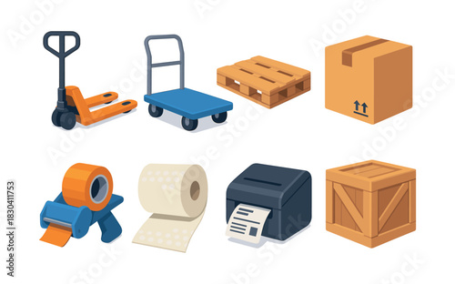 Warehouse tools and supplies, pallet jack, crates, flat vector illustration