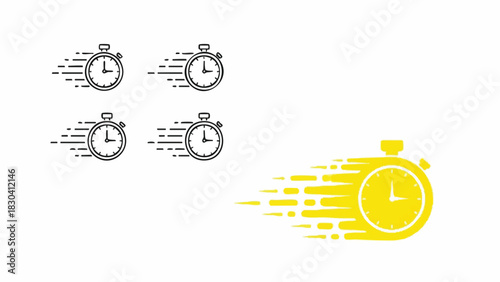 Graphic illustration of a speeding yellow stopwatch leaving gray stopwatches behind with motion lines on a white background.