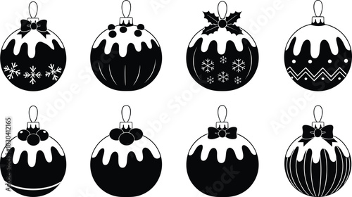 Christmas ornament silhouette, festive decoration icons, dripping pattern, bow detail, snowflake design, holly berry accent, black vecto