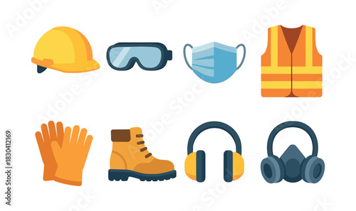 Safety gear essentials, hard hat, goggles, mask, flat vector illustration