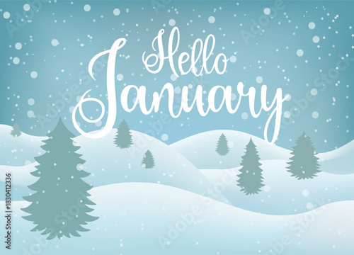 Handwritten, hello January, lettering message. December welcome quote. Modern lettering. Design for cards, banners, posters.	