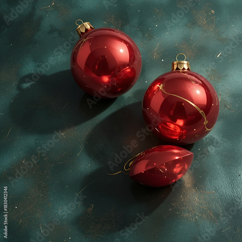 Red Christmas Ornaments on Dark Green Surface Decoration
