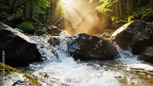 Sunlight streams through dense forest canopy onto a mossy rock stream with clear, rushing water in a mountain setting