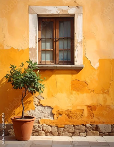 Charming Window and Plant Against a Textured Yellow Wall.