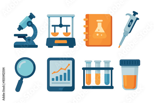 Science lab equipment, microscope, beaker, flat vector illustration