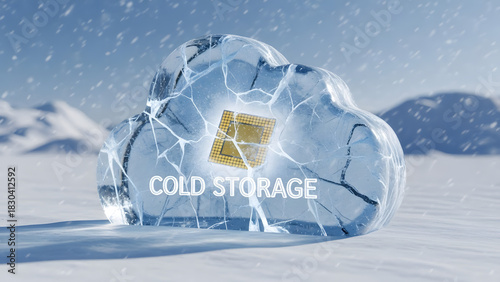 A conceptual rendering of secure offline data protection, showing a valuable digital chip safely encased within a cracked, frozen cloud in a wintry landscape