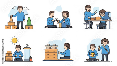 Flat design illustrations of a man building with blocks in various scenarios in an office and outdoors with a clean and minimalist style.