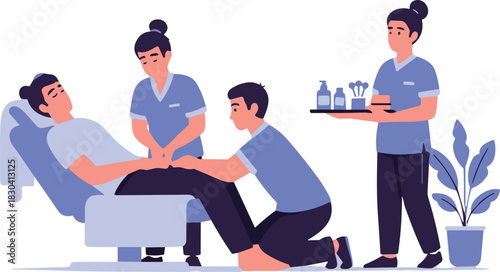 Man receiving relaxing hand and foot massage from therapists in modern spa salon with assistant holding beauty products vector illustration. (20 words)