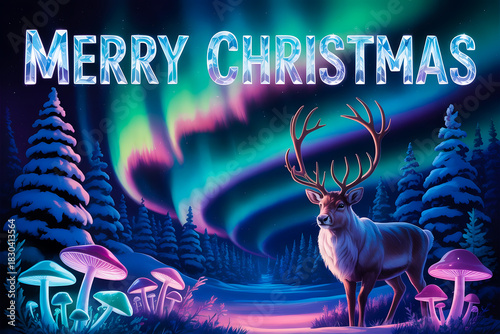 Reindeer and Northern Lights with Merry Christmas Text