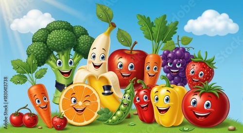 A happy group of cartoon fruit and vegetable characters. Cheerful fresh food mascots promoting healthy eating for kids. Fun illustration on a sunny summer background