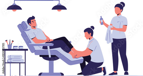 Flat vector illustration of a man receiving professional pedicure treatment and foot massage in a modern beauty salon and spa. (20 words)