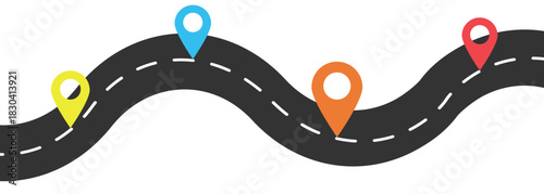 Curved road illustration with colorful location markers. Simple navigation and route graphic suitable for maps, travel guides, GPS apps, logistics, and journey planning designs.