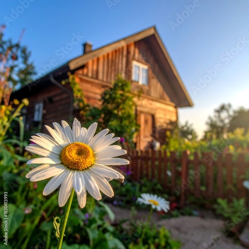 Charming Wooden House with Blooming Daisies in a Sunny Garden.