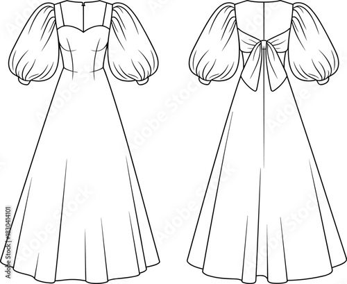 Elegant puff sleeve long dress fashion flat sketch, detailed technical cad drawing, garment design template, vector apparel illustration for designers